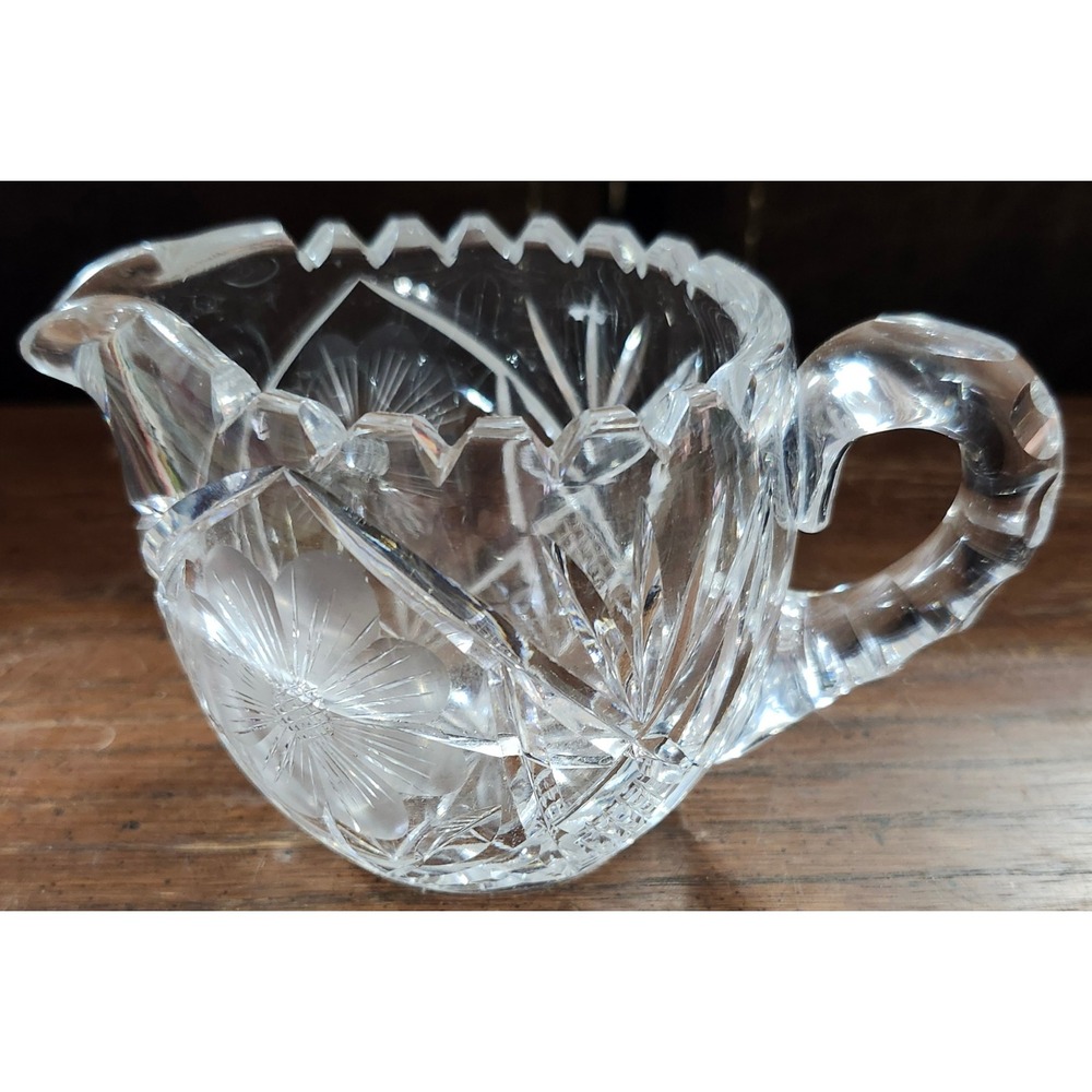 Crystal Glass Creamer Pitcher Frosted Flower Etched Hobnail‎ Rim